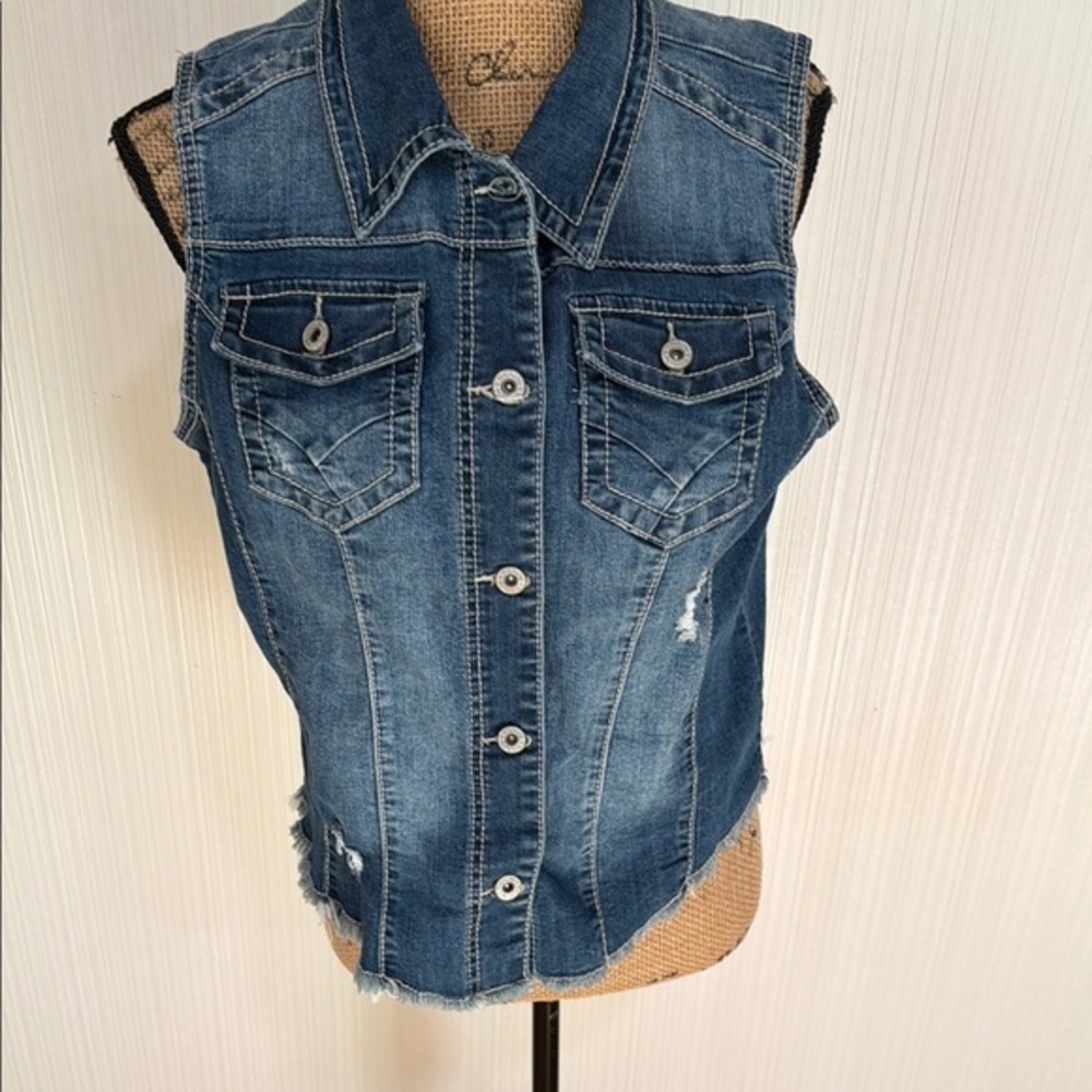 Maurices Distressed Blue Raw Hem Denim Vest